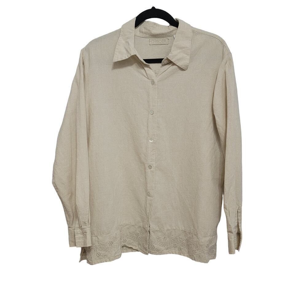 Cherokee Cream Linen Cotton Blend Embroidered Blouse Eyelet Size L Coastal